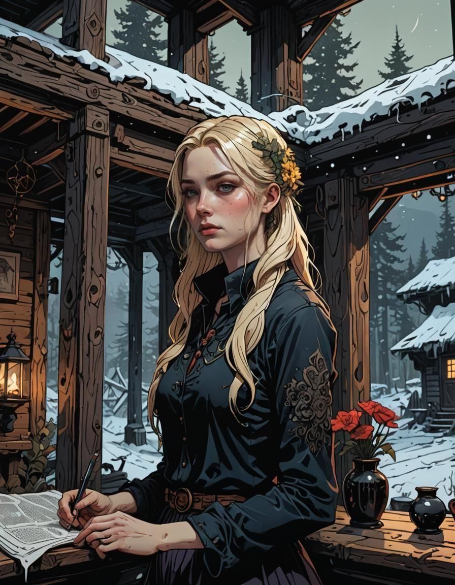 Gothic Cabin Girl in Snowy Dark Fantasy Style
