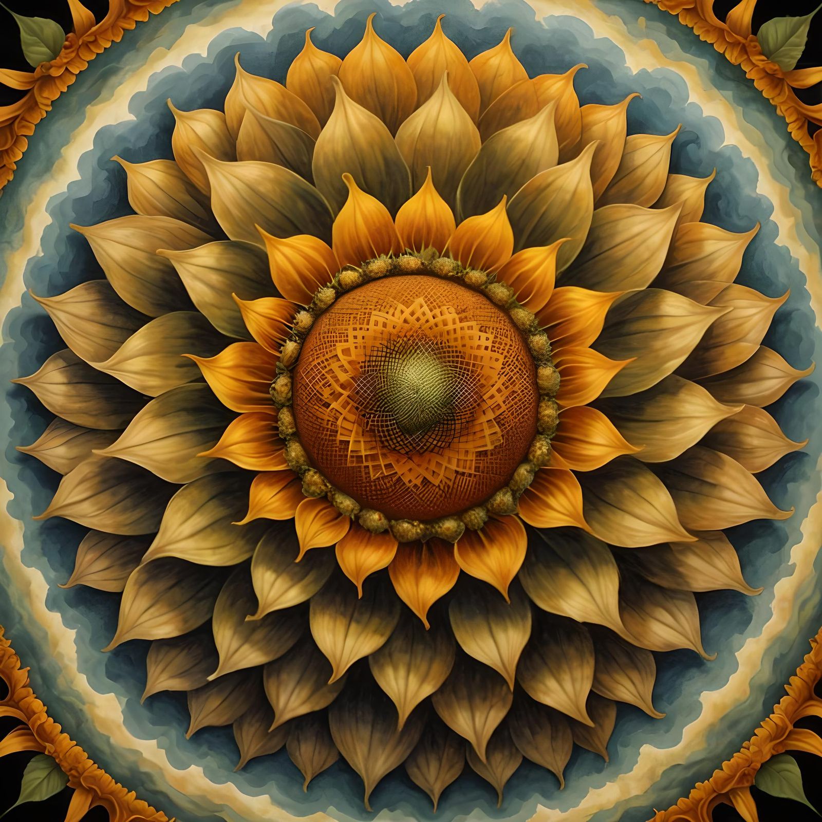 Hypnotic Optical Art: Spiraling Sunflower Mandala