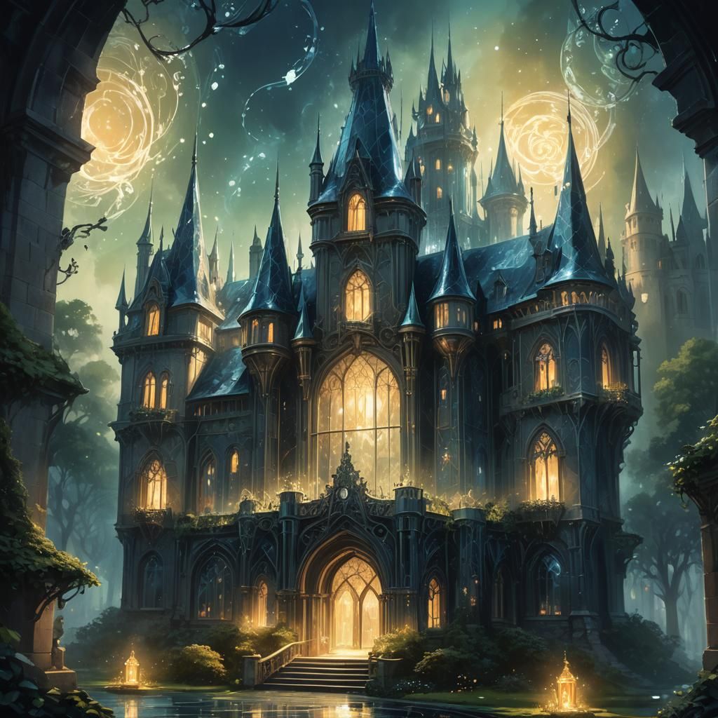 Iron, crystal, glass elven  French chateau in a summer, glowing brightly as shadows gather,  dreamscape in spectral art