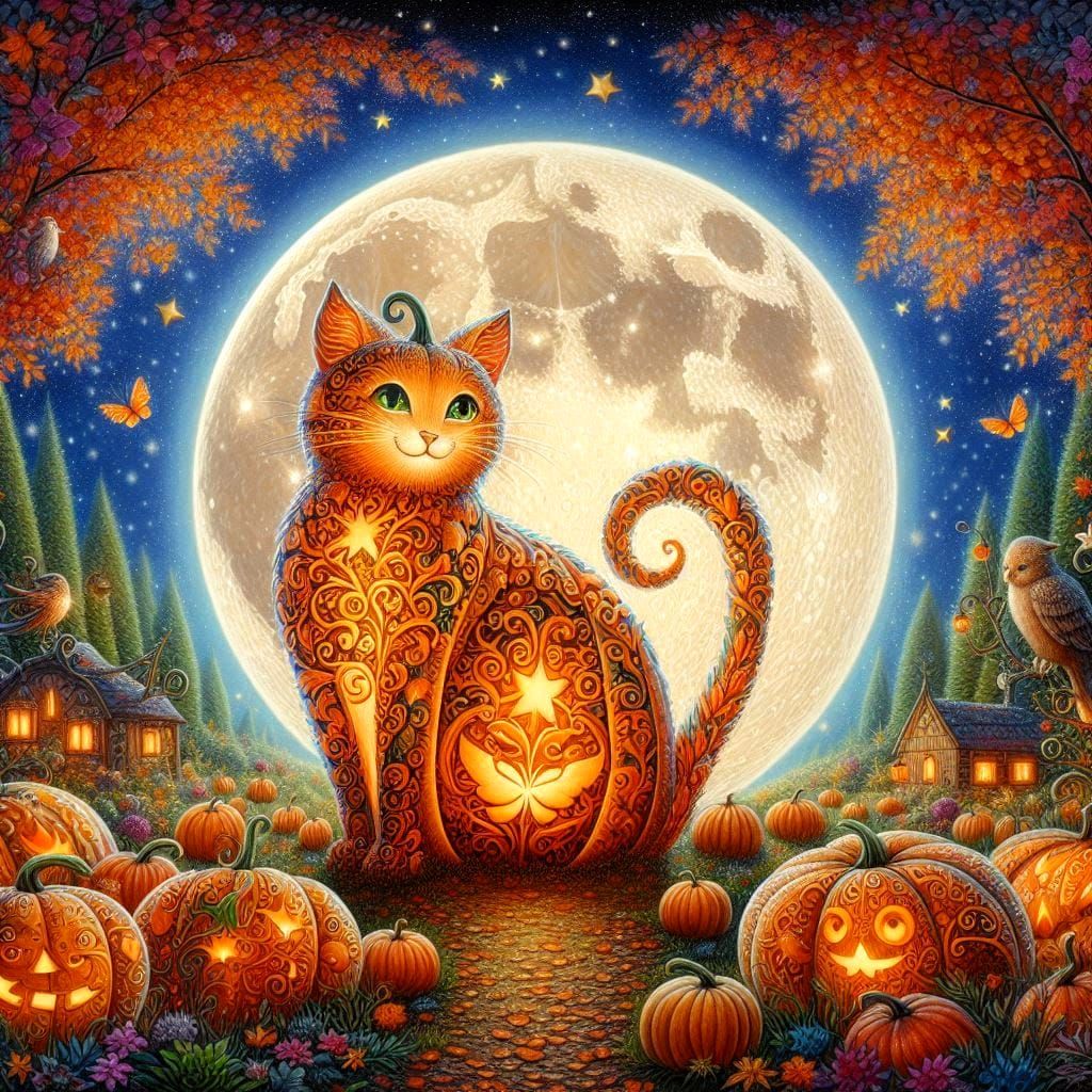 Cat pumpkin in  the moonlight