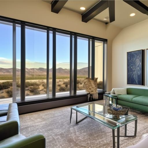 expansive living room with pewter green walls, dual sofas an...