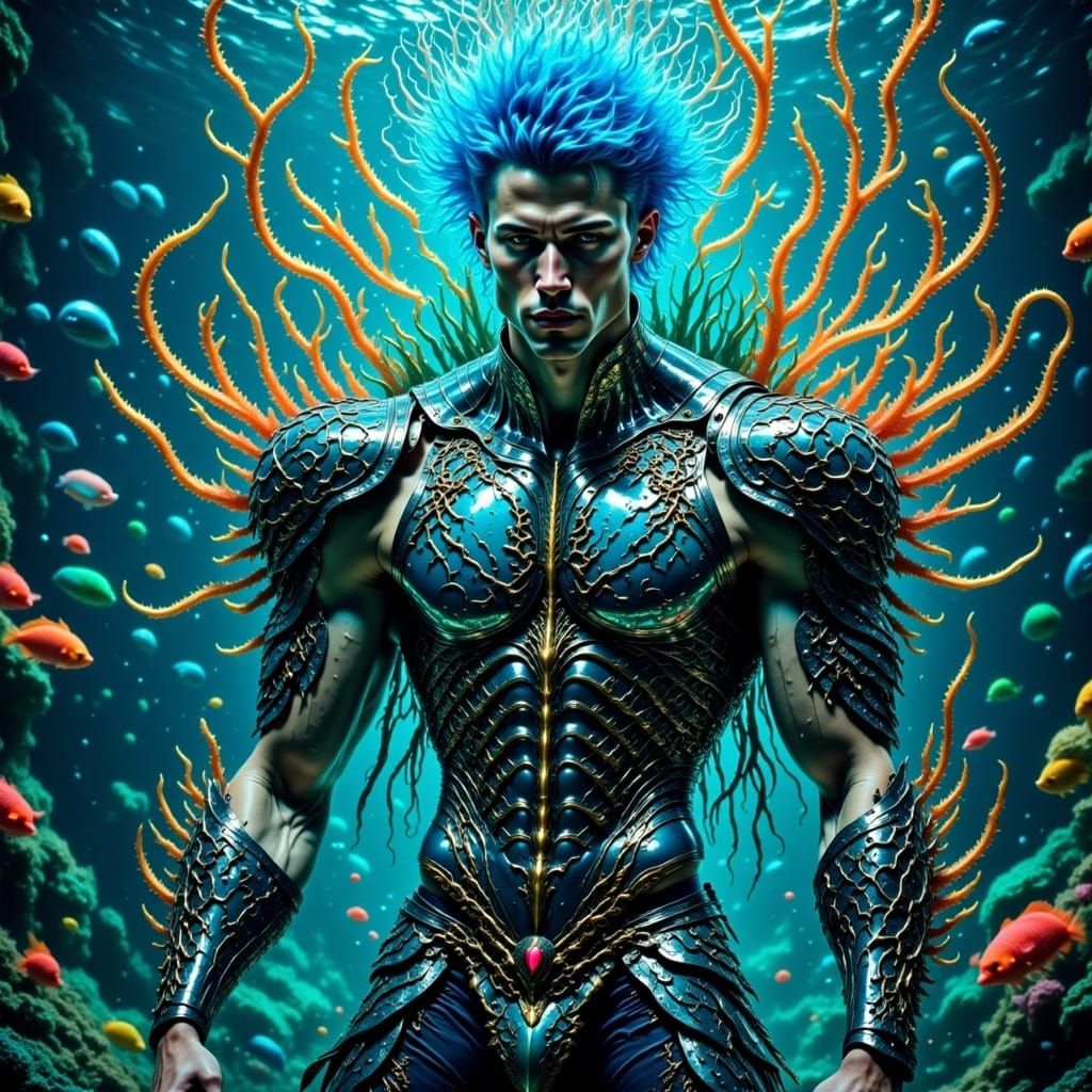 handsome 22 year old guy intricate coral armor blue hair under water with tropical fish swimming at the back full body photography; canon le...
