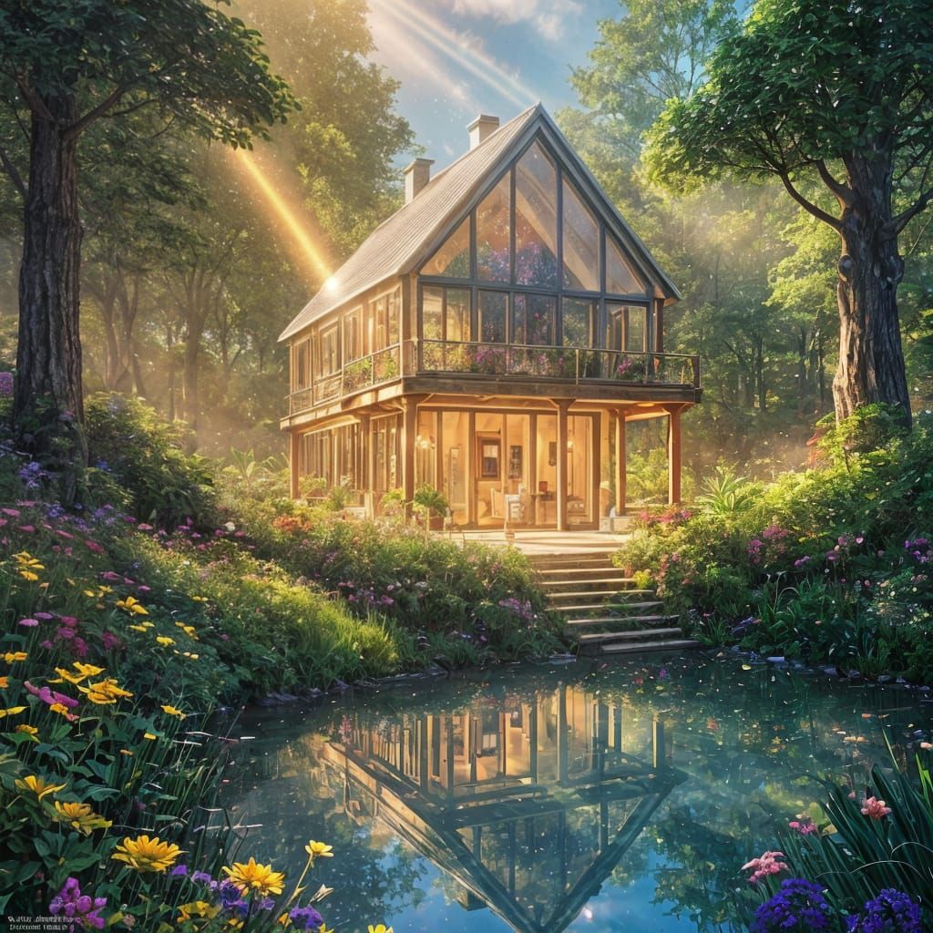 It shows a crystalline, glass-like house appearing to float in a lush forest setting. The structure is completely transparent and catches th...