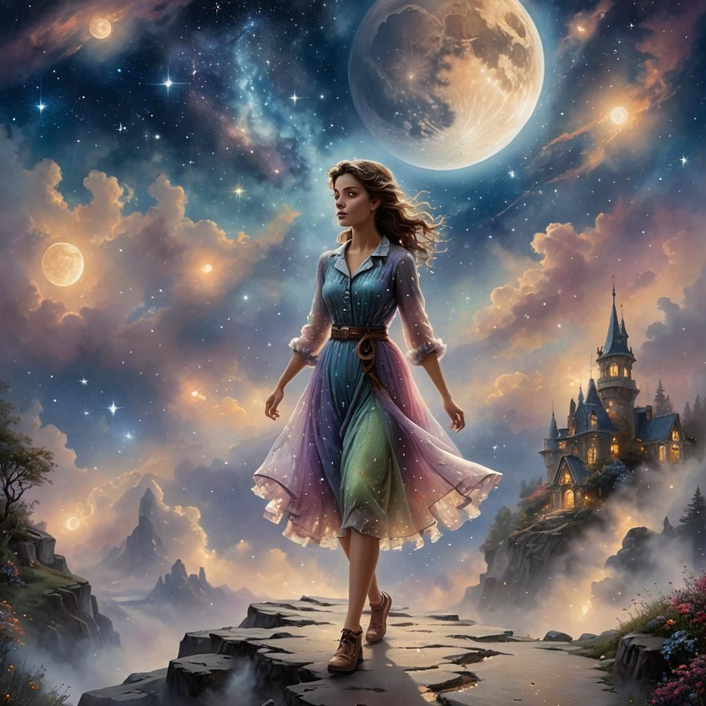 Girl walking on the moon. Amongst stars and galaxies.