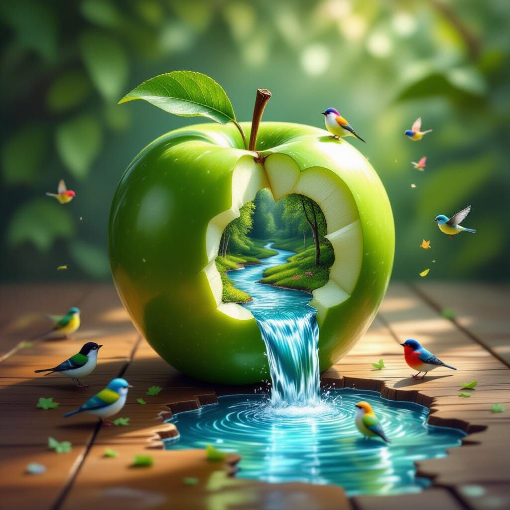 Hyperrealistic Apple Reveals Dreamlike Stream with Birds