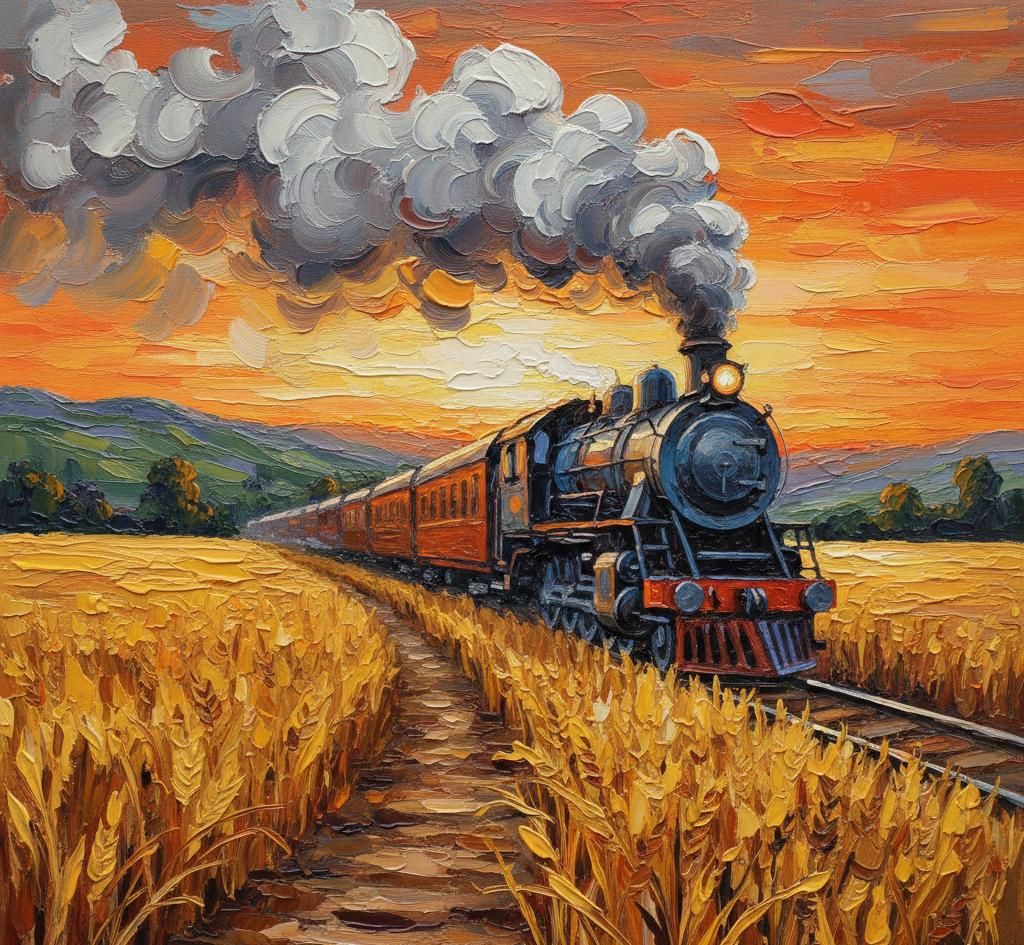 Train crossing a wheat field