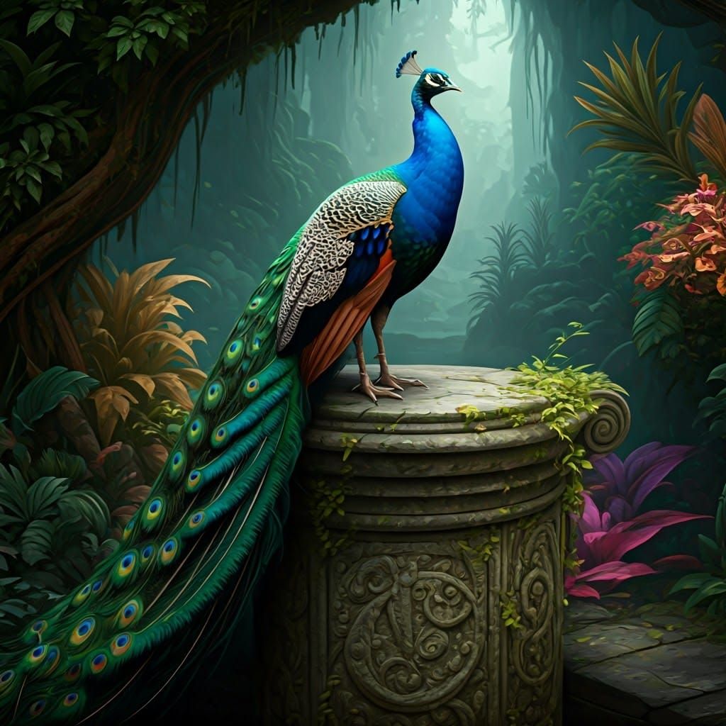 Iridescent Peacock on Carved Pedestal in Fantasy Landscape