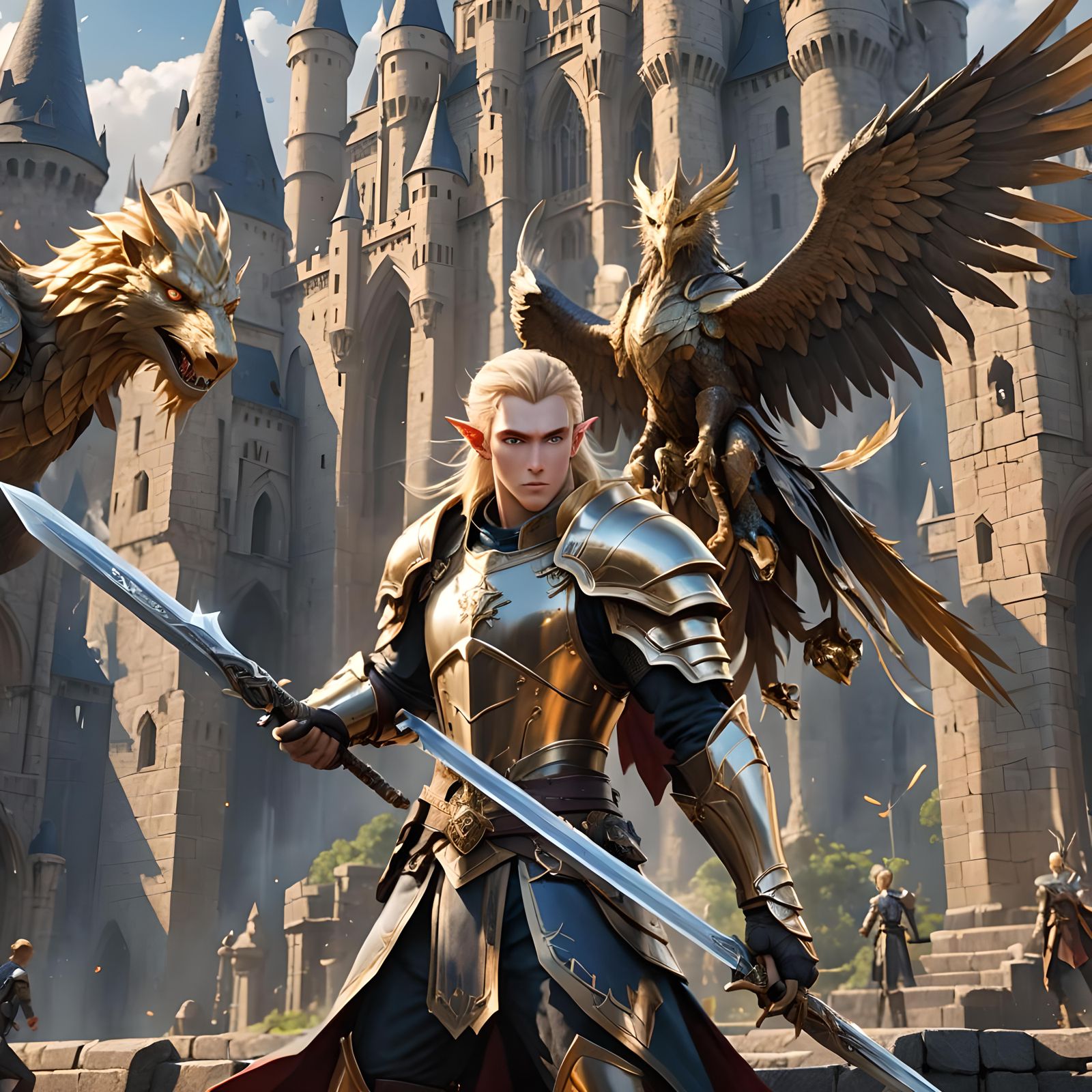 A handsome blond high-elf warrior holding a magical sword.  ...