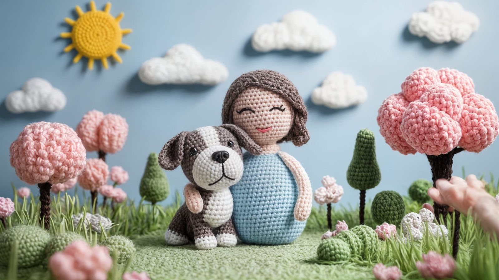 Whimsical Crocheted Woman Hugs Pitbull Puppy in Pastel Sprin...