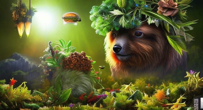 An old-aged SLOTH with puppy eyes is eating in a  field of m...