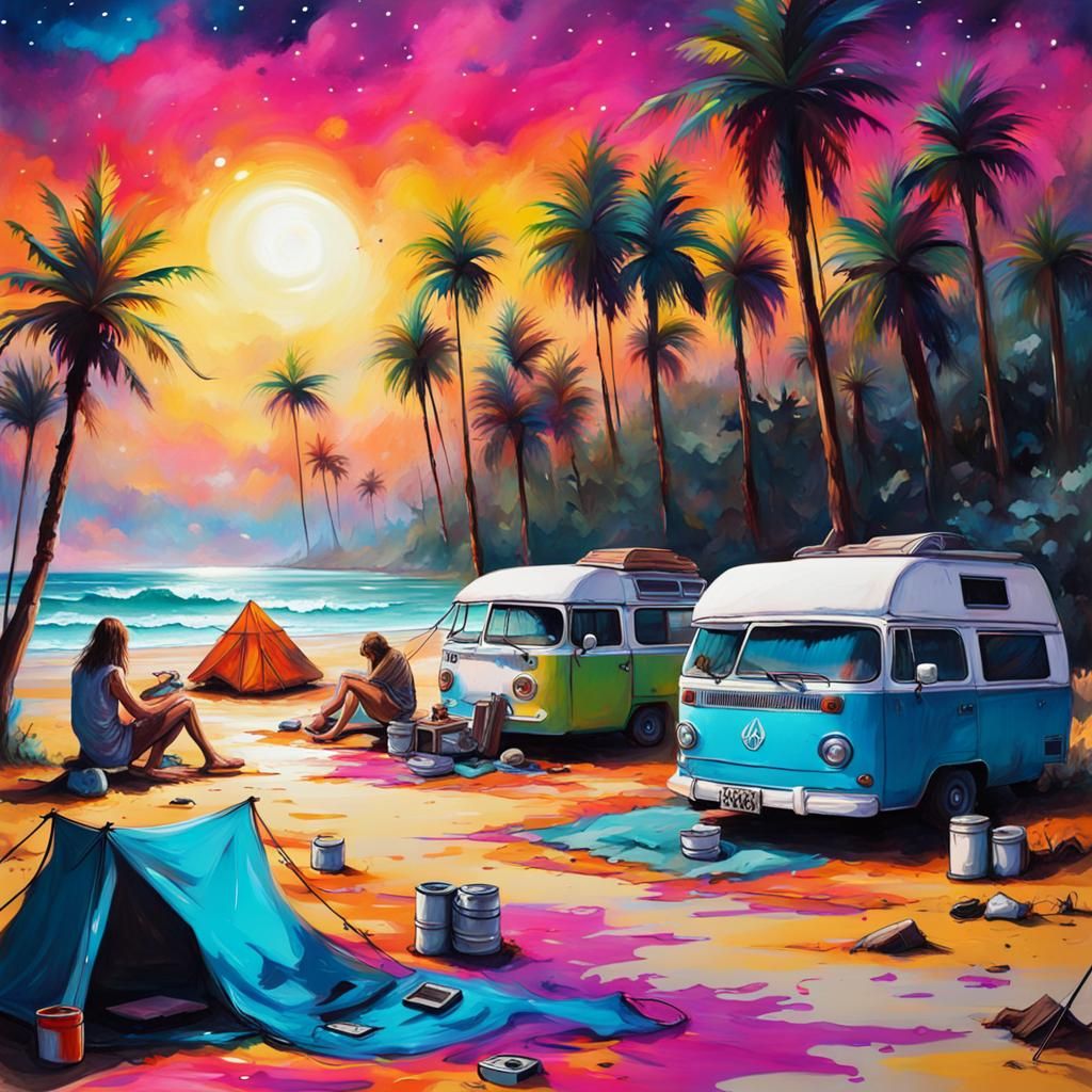 Hippies camping on a beach - AI Generated Artwork - NightCafe Creator