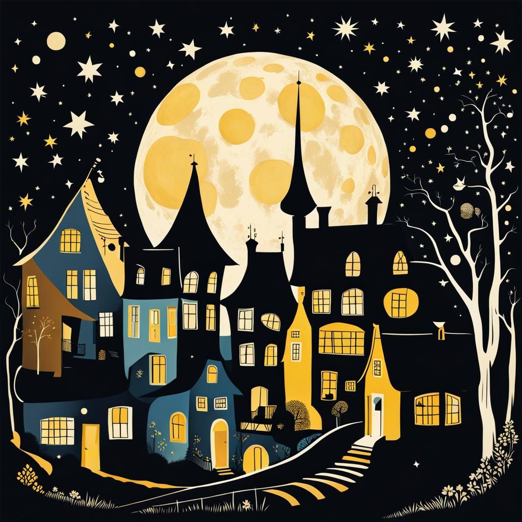 Silhouette of a whimsical enchanted wonky village by Kandins...