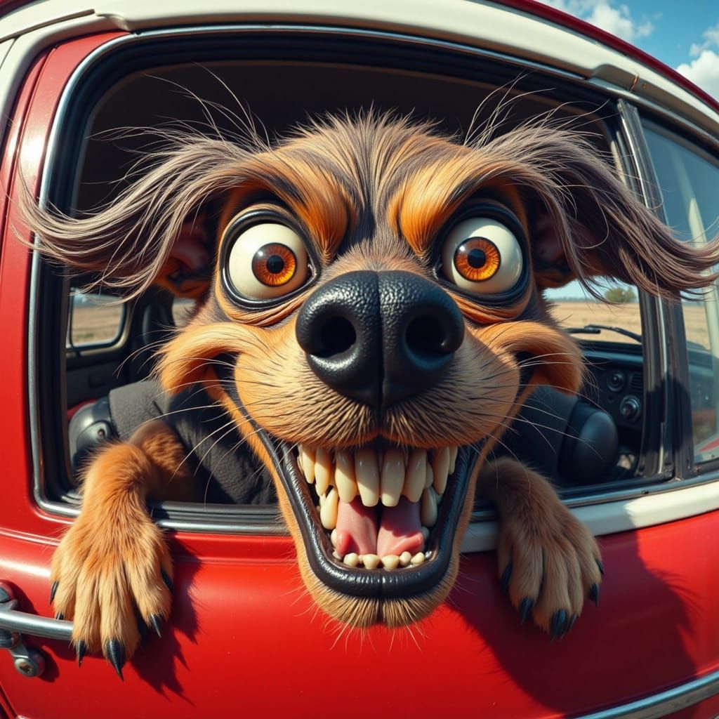 Dog snickers in delight as the wind blows through his fur