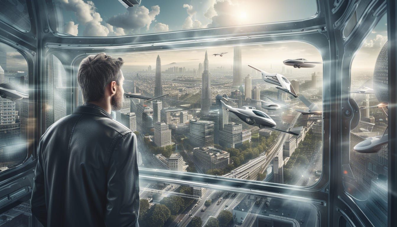 man looking through a large glass window onto a futuristic c...