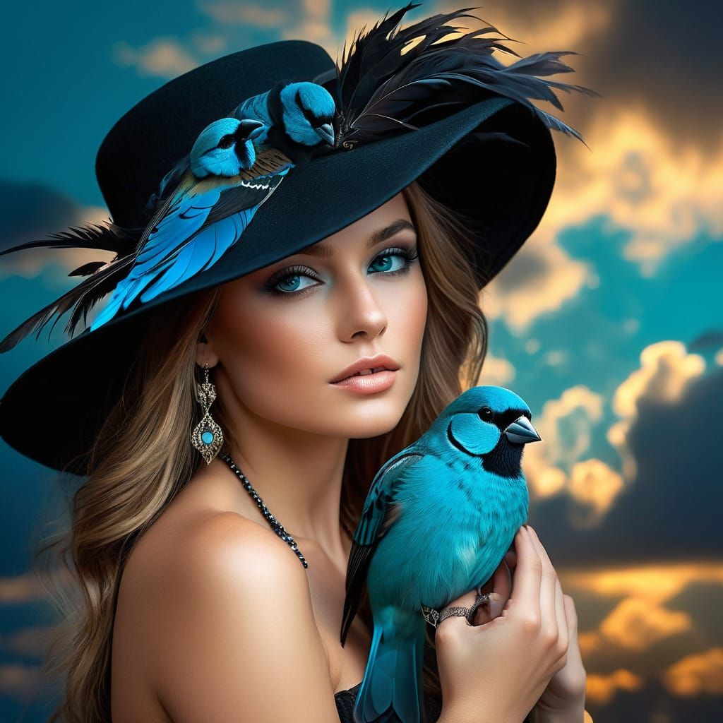 A Beautiful Woman with a Finch on her Shoulder