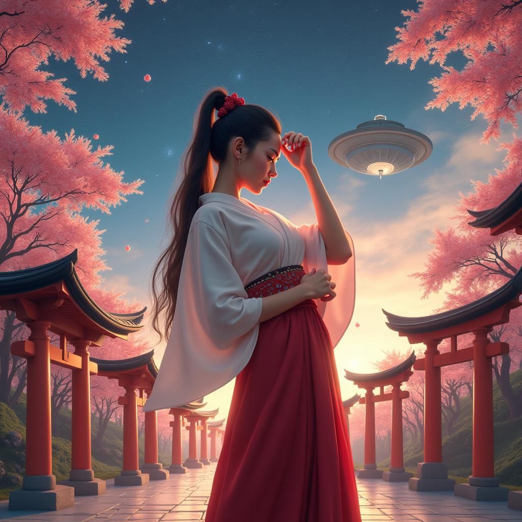 Shrine Maiden with Spaceship in Japanese Shrine Art
