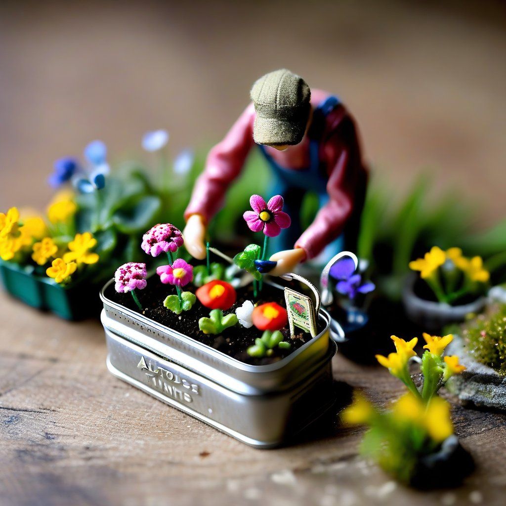 A gardener tends to flowers in an Altoids tin, in the style of dollhouse miniatures