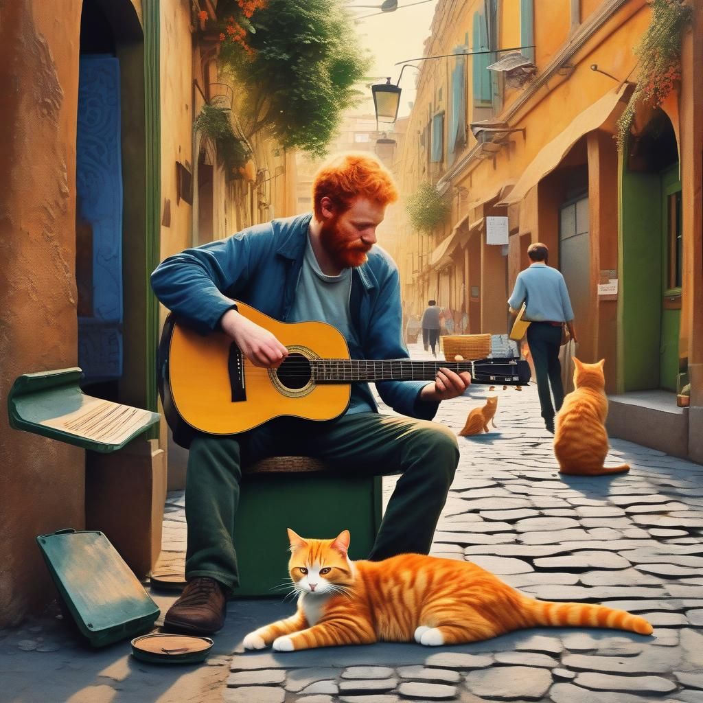 Street musician and his ginger friend (2) AI Generated Artwork
