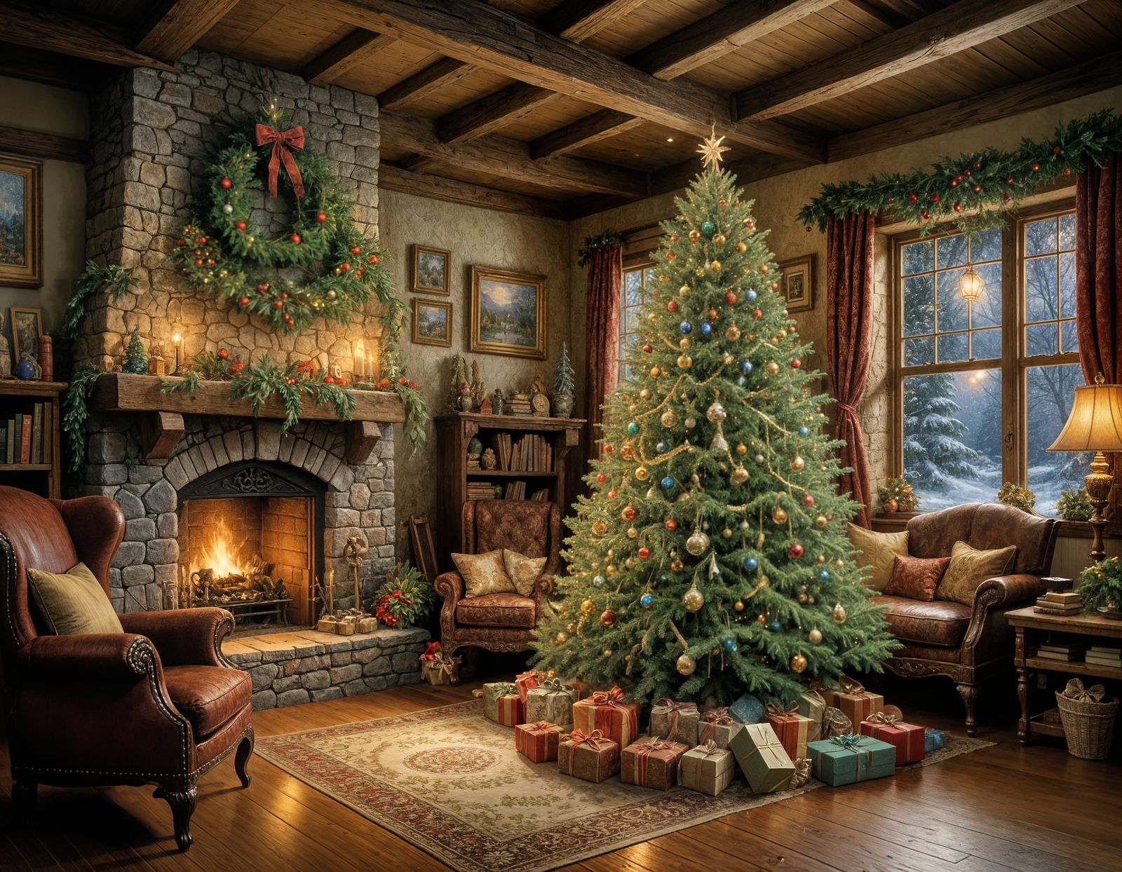 a magnificent christmas tree in a the interior of a cosy cottage
  by @_Masumi_