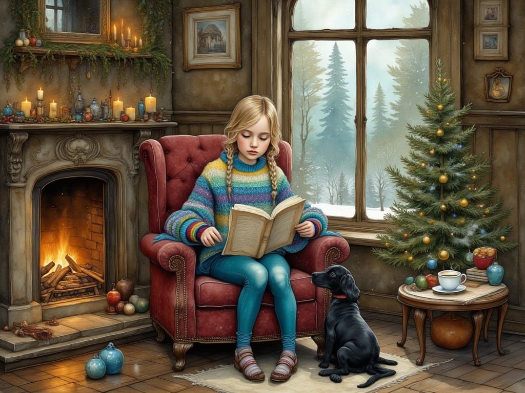 Girl Reading by Fireplace in Cosy Cottage Storybook Style