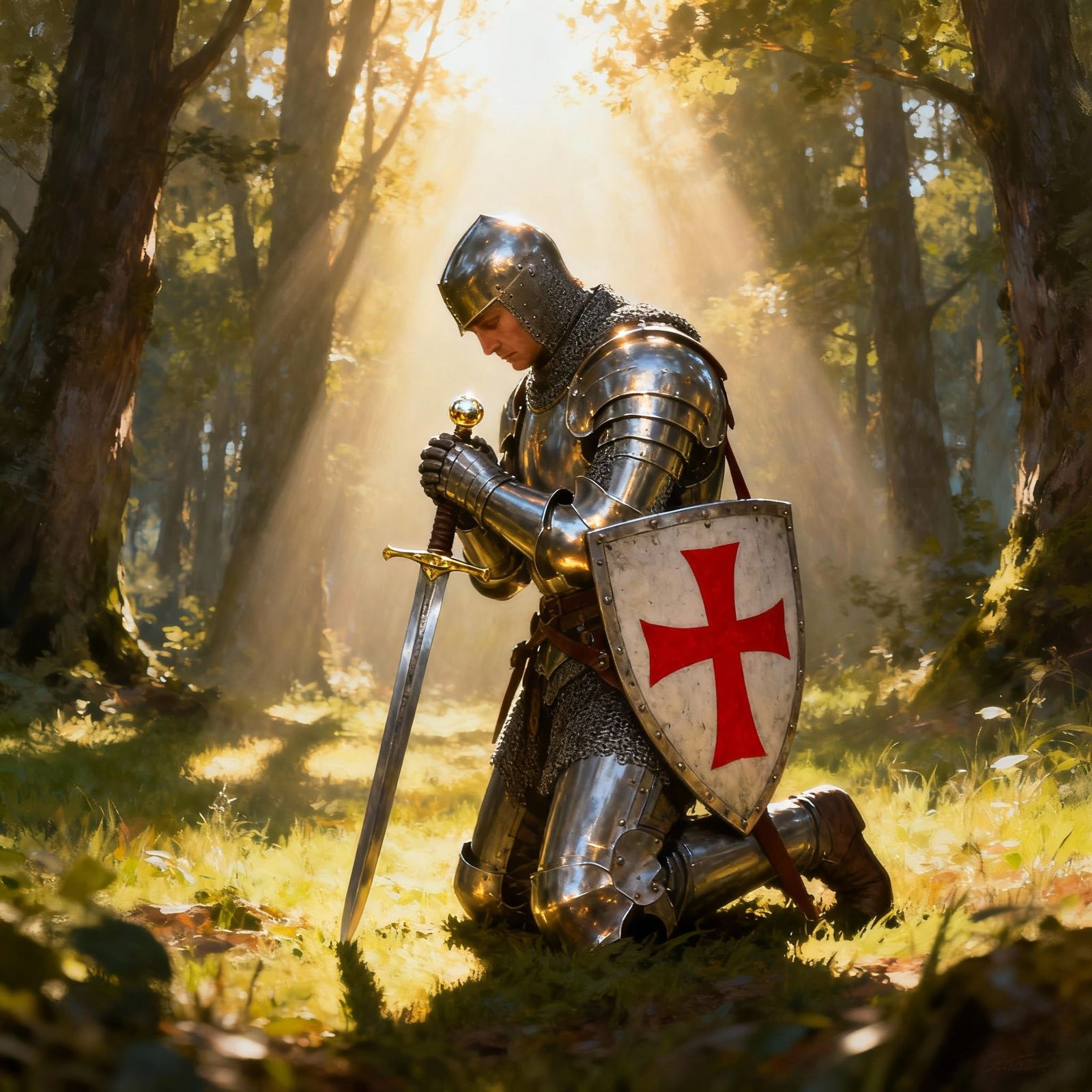 Knight rises to stand proudly upright as a glorious light grows around him