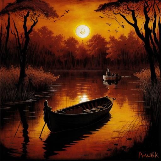 A stunning dark sunset, a small boat on a swampy river, wild...