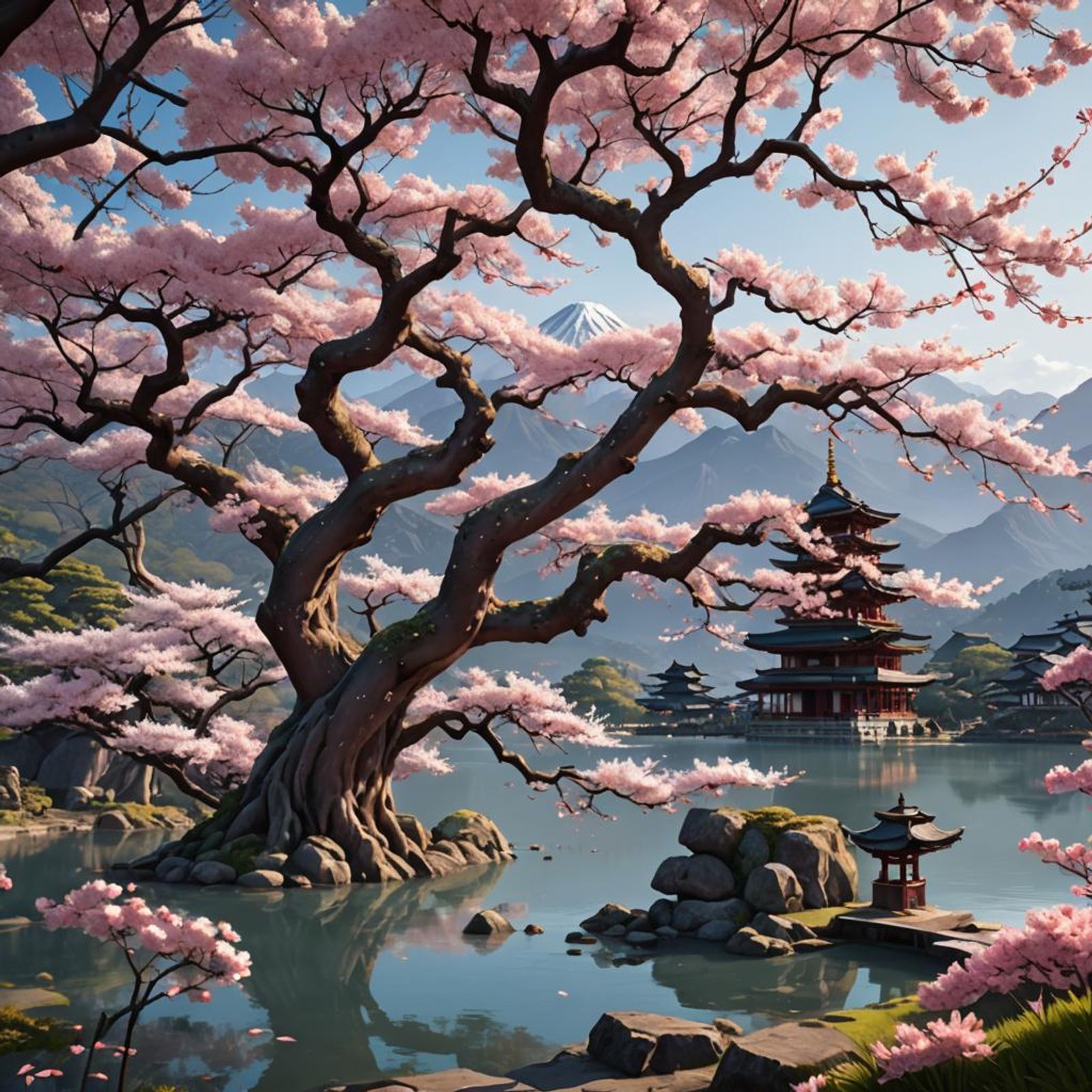 A beautiful ancient sakura tree in front of a lake. Mountains and ...