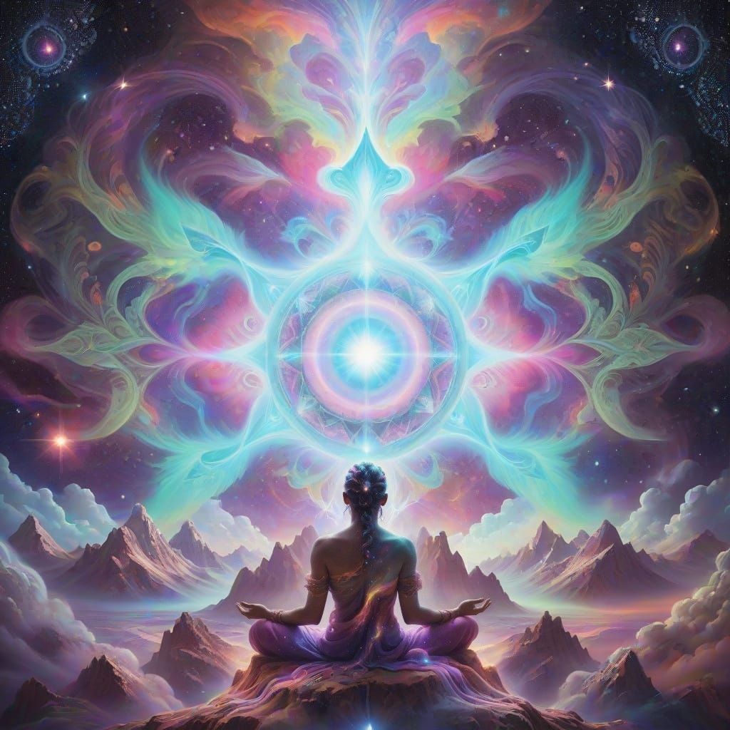 Meditative Figure Absorbed in Vibrant Cosmic Energy
