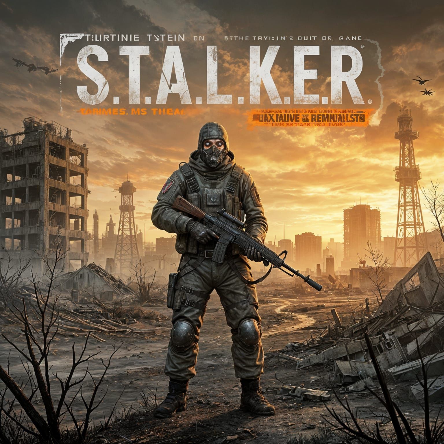 Create a cover for the video game "S.T.A.L.K.E.R.", a post-apocalyptic adventure game. The cover depicts ...  by @Shuttleskipper