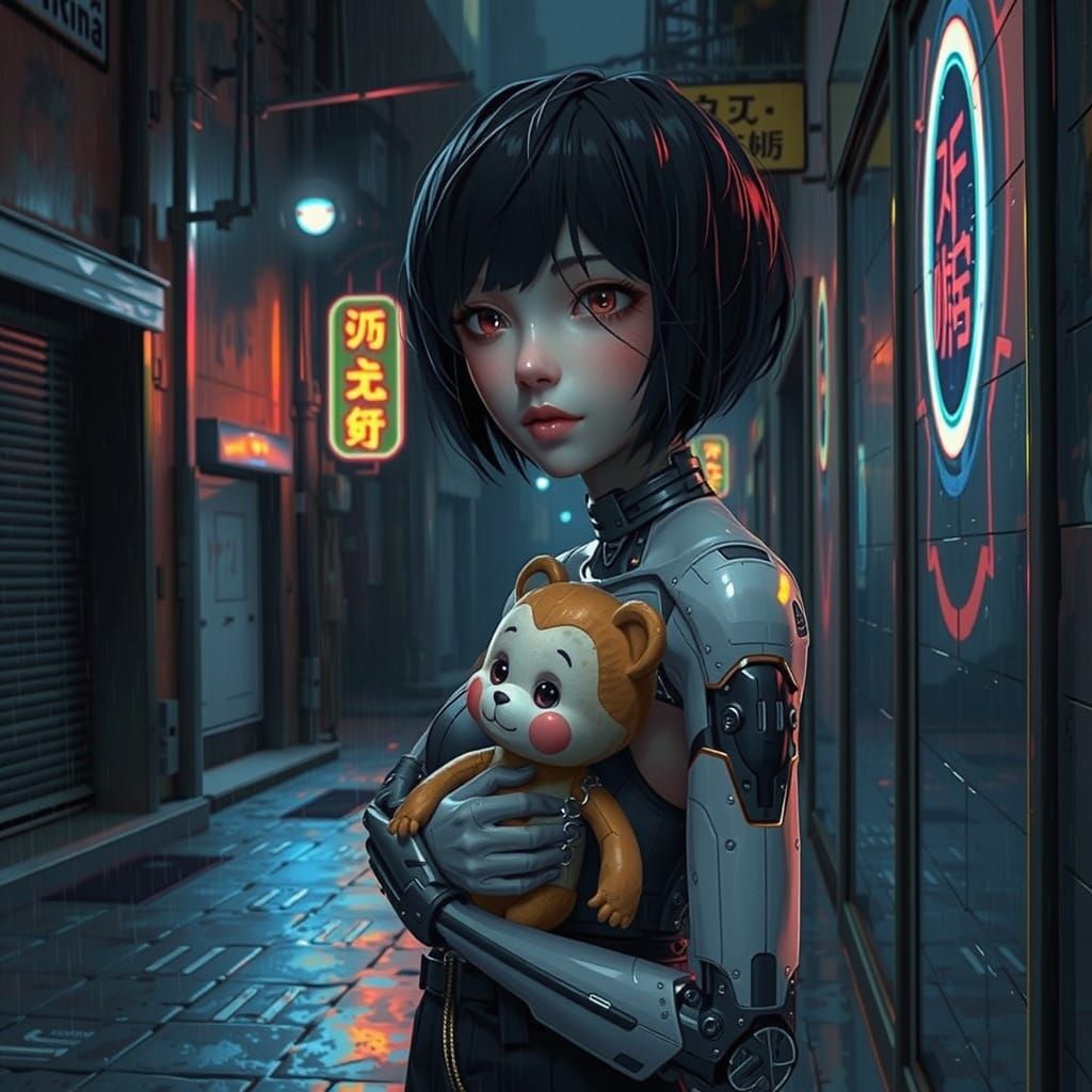 Cyborg Woman with Plushie in Neon Alleyway