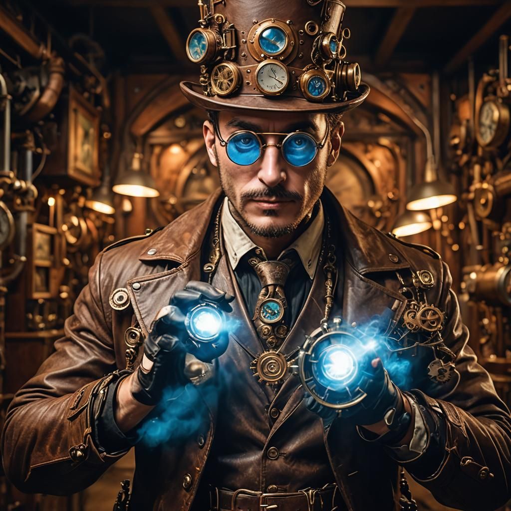 "Un homme vêtu d'une tenue steampunk complexe, composée de c...