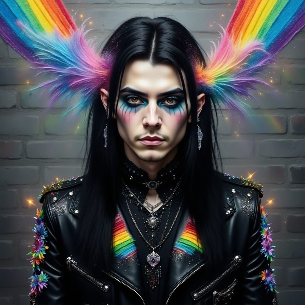 <lora:Special Intensity:1.0> Oil painting glamorous rainbow and black clothed smiling goth punk metalhead young man, glam rocker man, spikes...