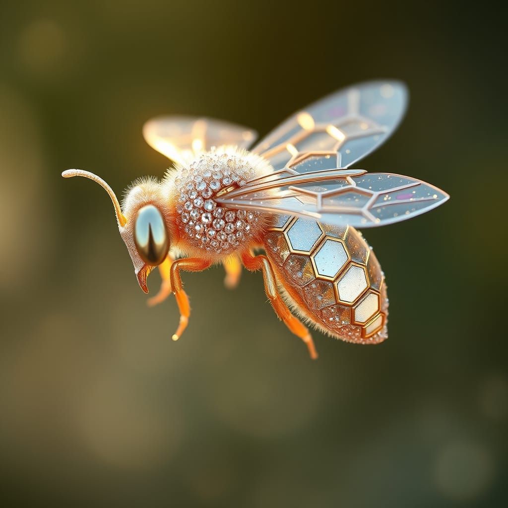 a bee made of silver and golden hexagons. Magic, psychic, translucent, luminous, liquid light.  by @Lightning