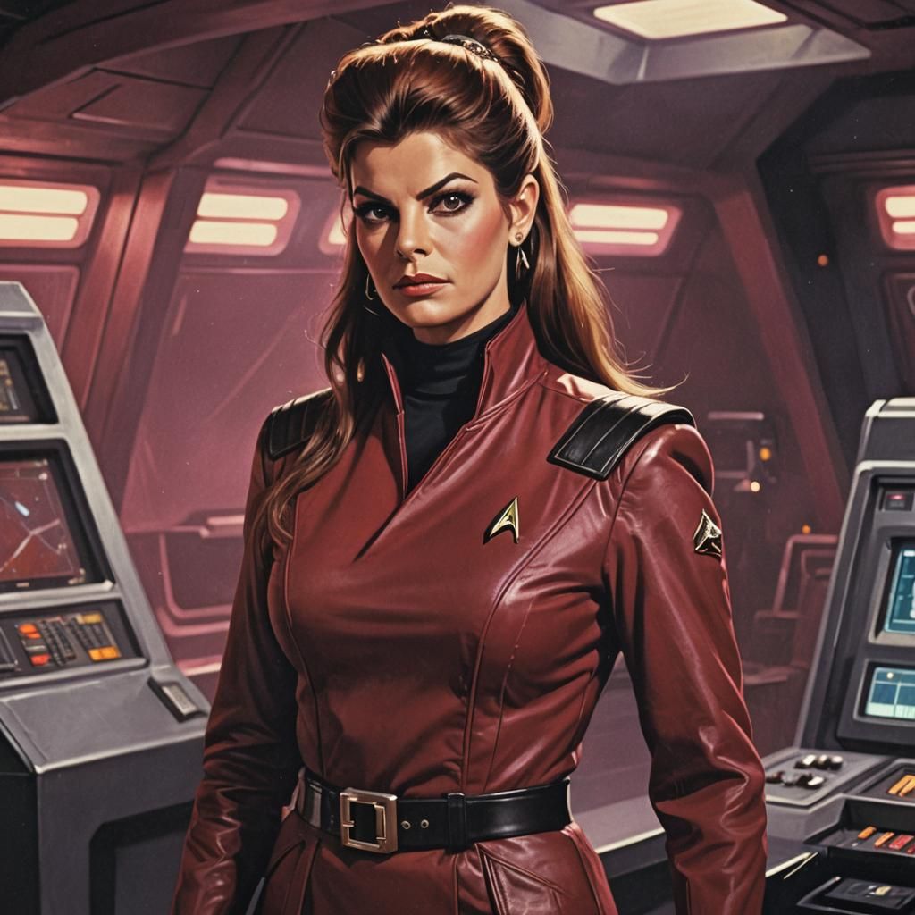 Kirstie Alley circa 1982 as Saavik from Star Trek II, wearing a garnet jacket with a bib-style closure, with black leather belt, her hair in...