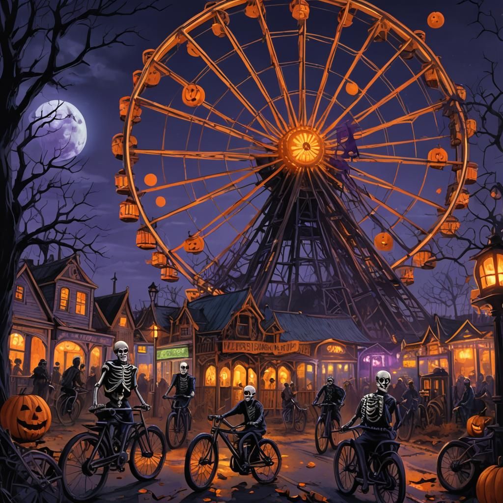 Abandoned ferris wheel at Halloween at Nighttime with skelet...