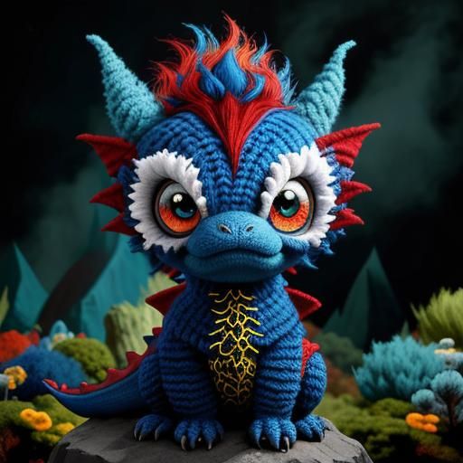 Cute and wooly tiny baby dragon wearing gothic-punk clothing...