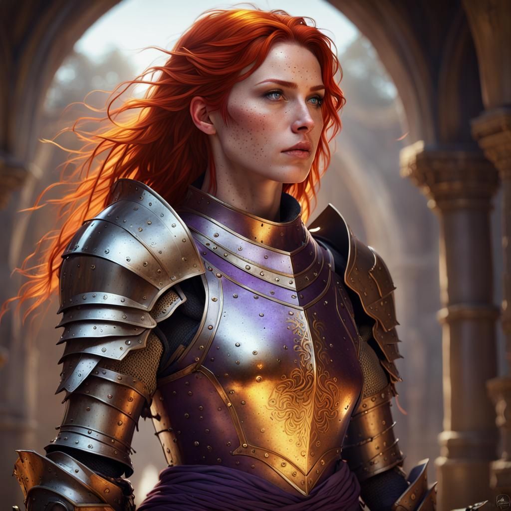 pale, freckled, red hair female knight in exquisite armor - AI ...