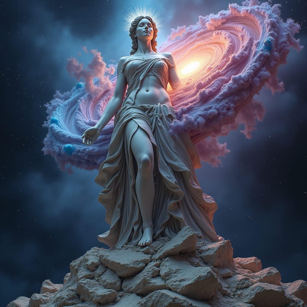 a mesmerizing figure composed of an ethereal galaxy breaking out of a stone statue. Focus on the dramatic ...  by @JuiceBox