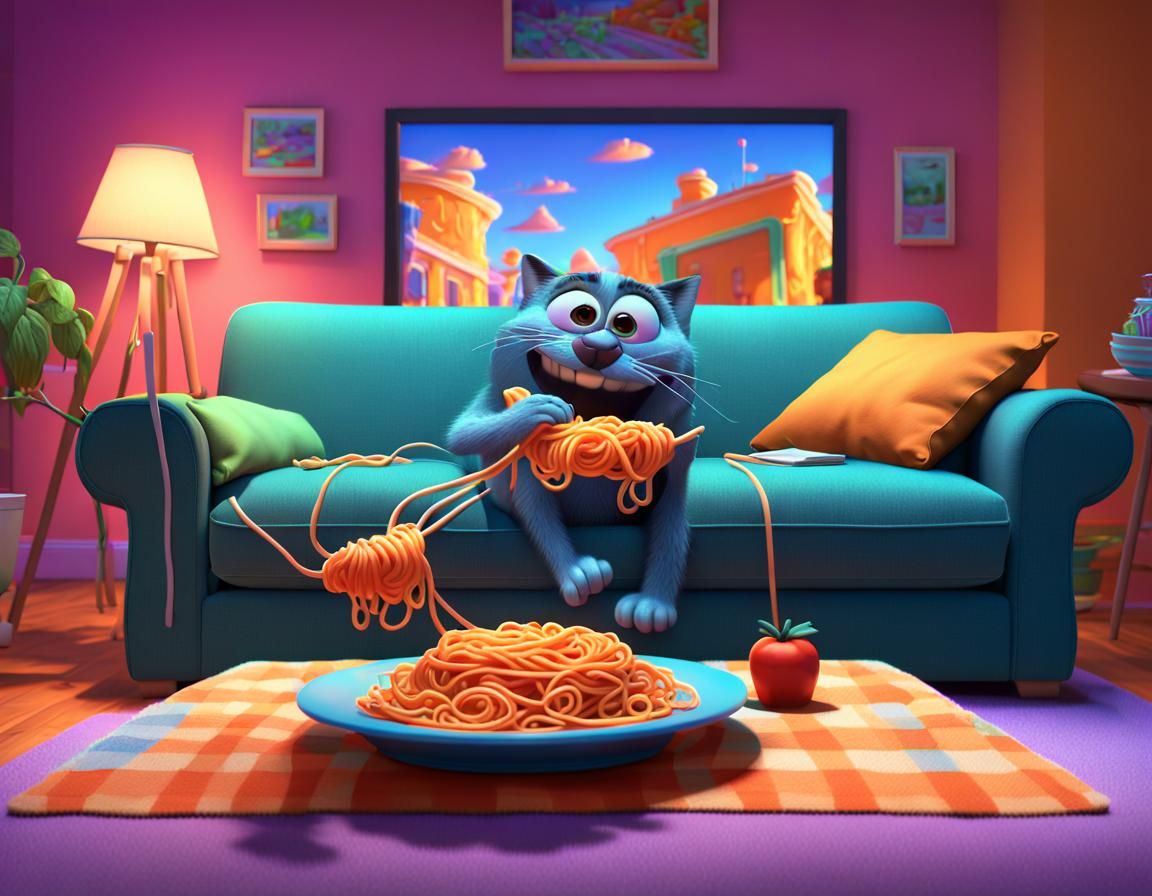 cat,sitting on a couch, eating spaghetti and watching TV. 4