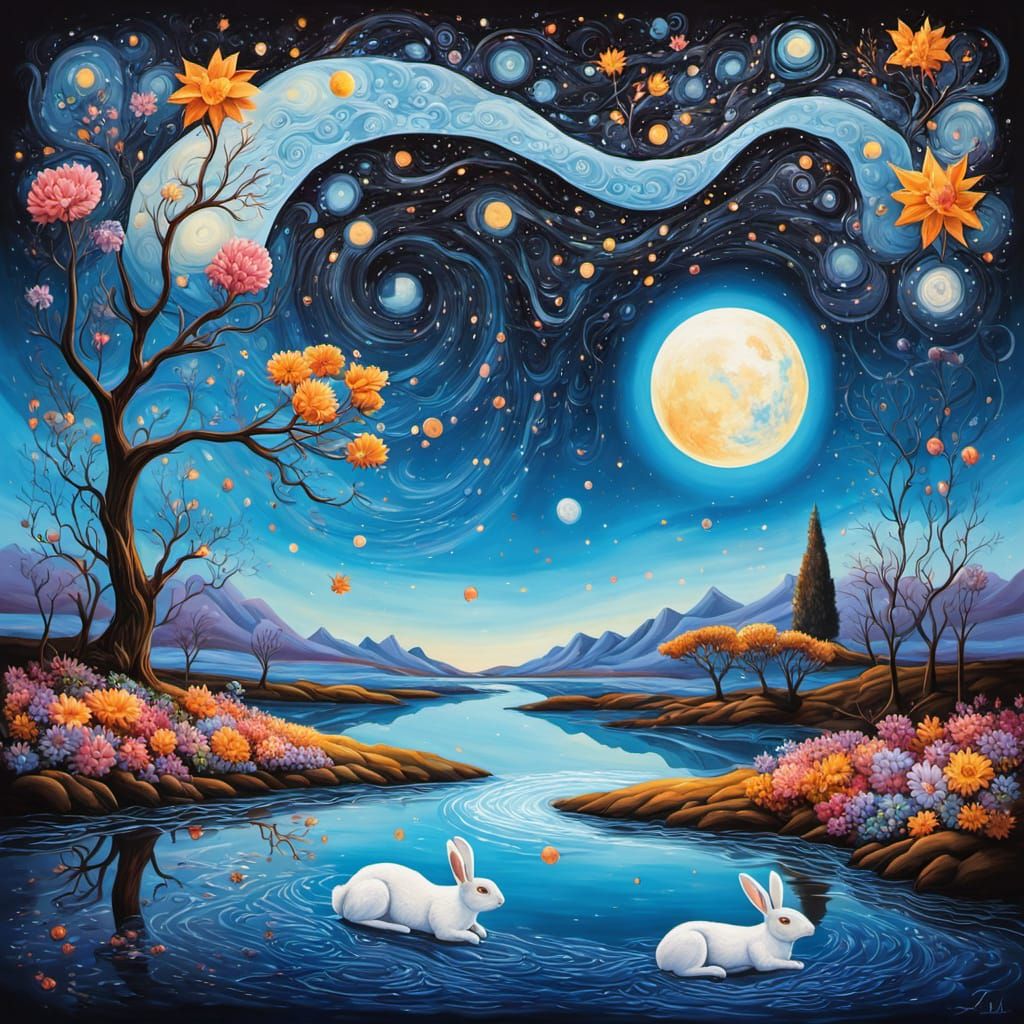 surreal dreamscape of rabbits