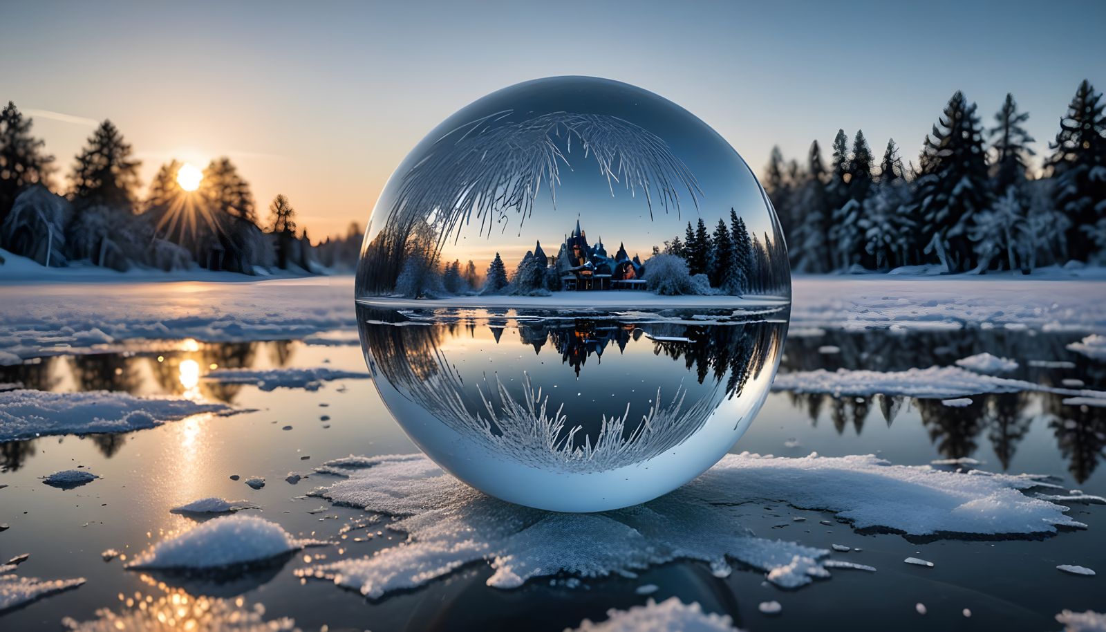 Mirrored ball with a tiny City Reflected in it on frozen lake
  by @Mia