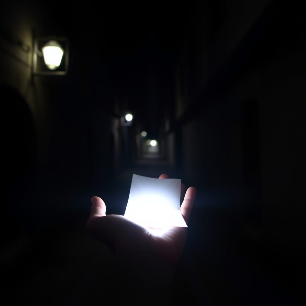 Hand Emerges from Darkness Holding Glowing Paper