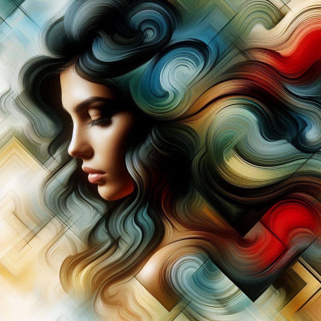 Beautiful woman black wavy hair gazing below, heavenly dream...