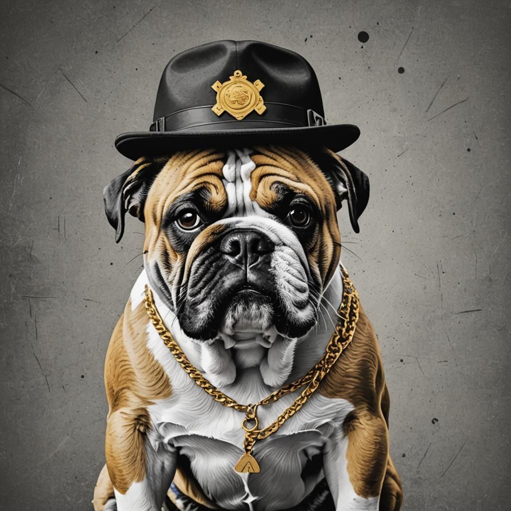 A black and white portrait of an english bulldog with a back...