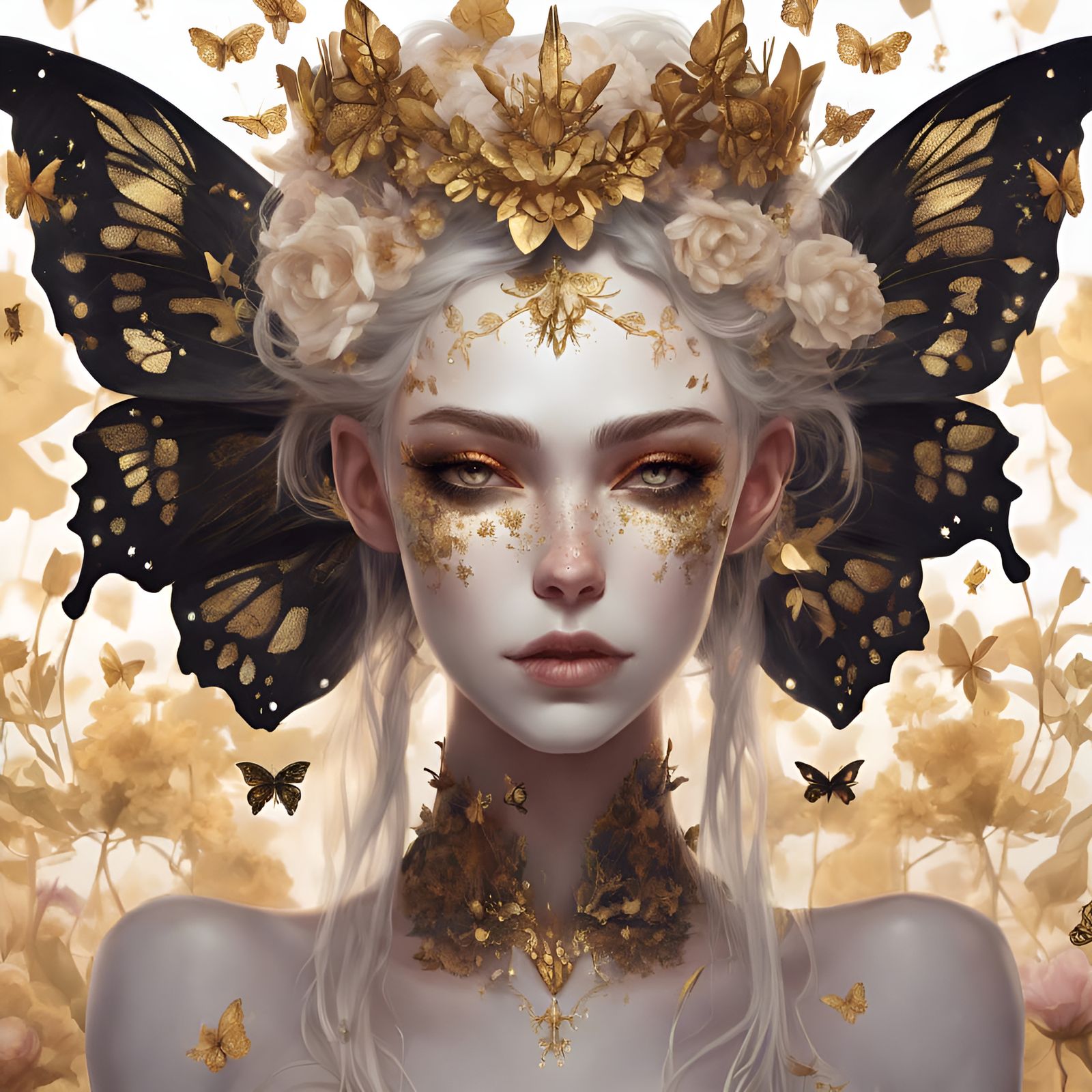 A stunning beautiful sinister death fairy fullbody portrait, delicate flower wings, crown of skulls, gold freckles makeup, hyperdetailed, sh...