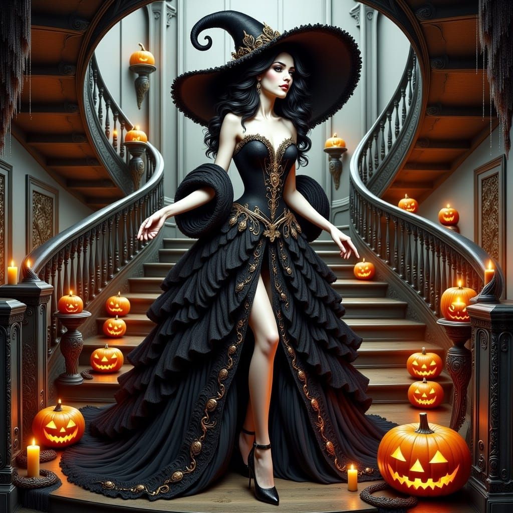 <lora:Witch Skeleton Ghost:1.0> a beautiful witch in a Victorian Style Gown, on the Halloween-themed decorated Stairway to her Witchhouse.