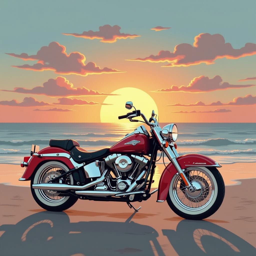 Vintage Harley Davidson on Beach at Muted Sunset