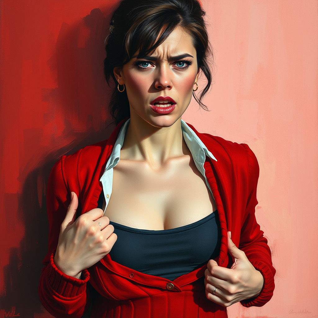 Distressed Woman Removes Sweater as Impasto Painting