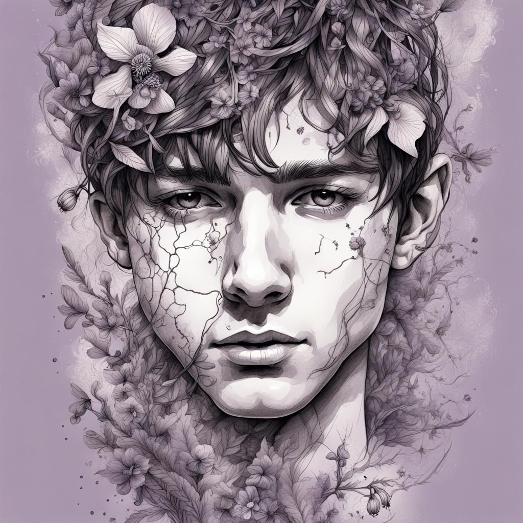 Botanical Ink Drawing of Teenager in Fantasy Art