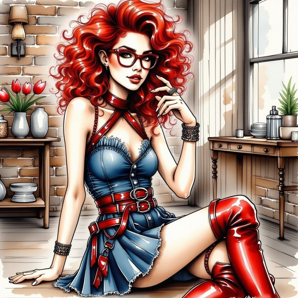 <lora:InkDrrawFlux:1.0> woman standing in a brick room, sitting, detailed, red curly hair, red glasses, dynamic pose.Distressed blue denim s...